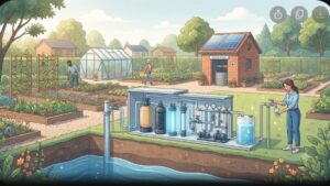 Современная иллюстрация системы очистки воды из скважины для загородного дома в минималистичном стиле