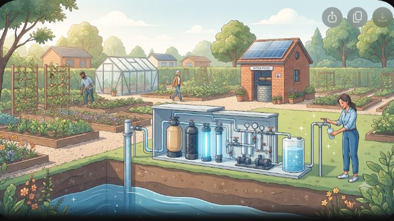 Современная иллюстрация системы очистки воды из скважины для загородного дома в минималистичном стиле
